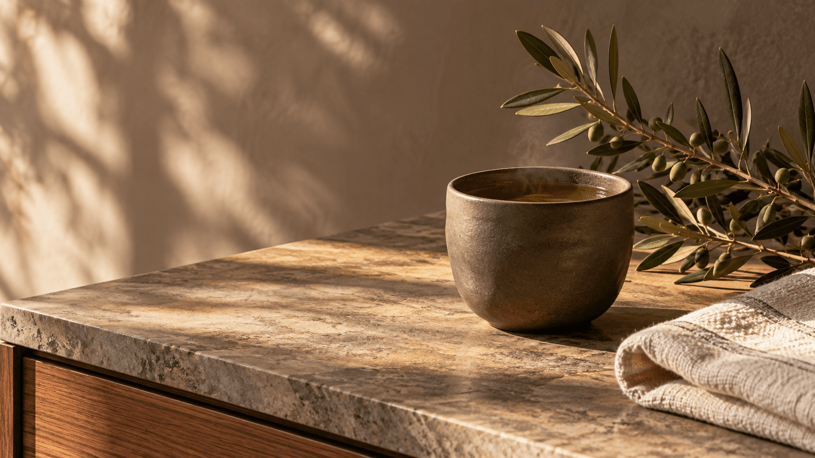 Warm tea and an olive branch in soft afternoon light