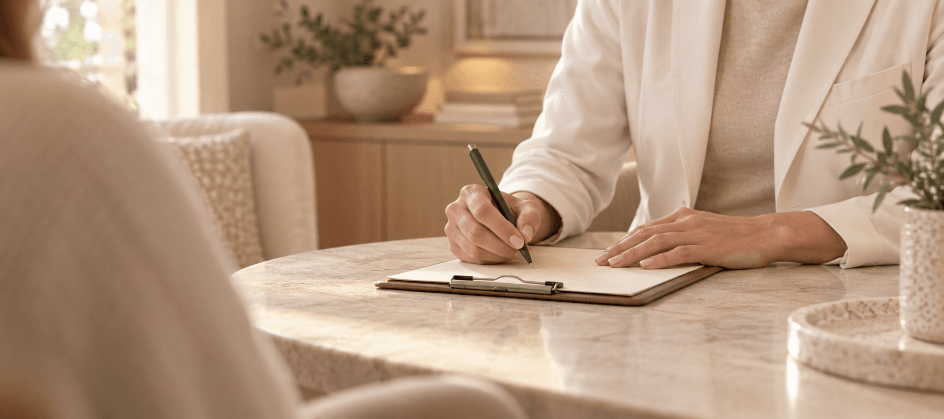 A provider writing consultation notes on paper with a pen