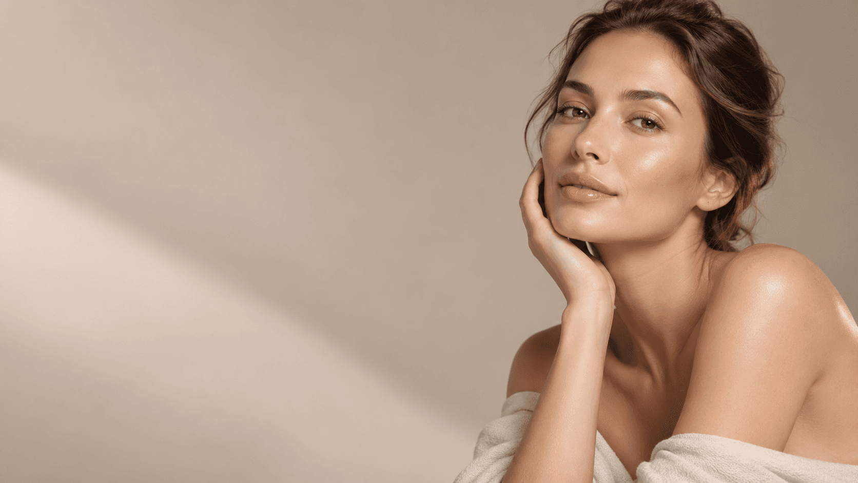 Radiant skin portrait in soft beige tones