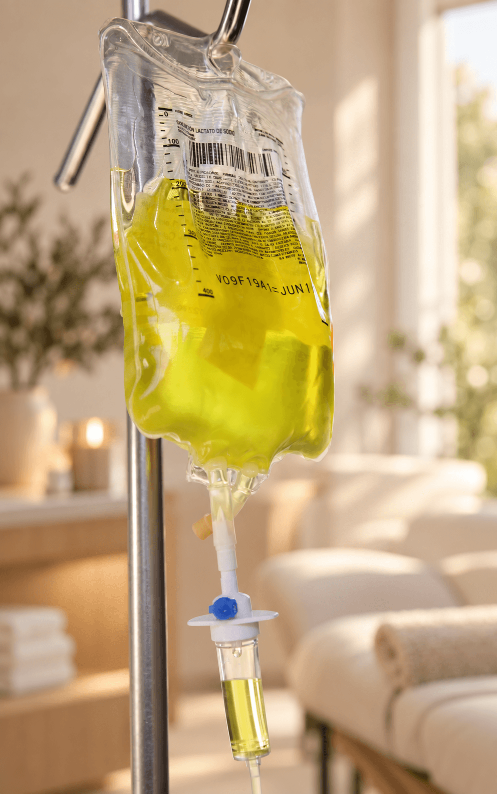 Illustrative labeled IV drip in a calm wellness room