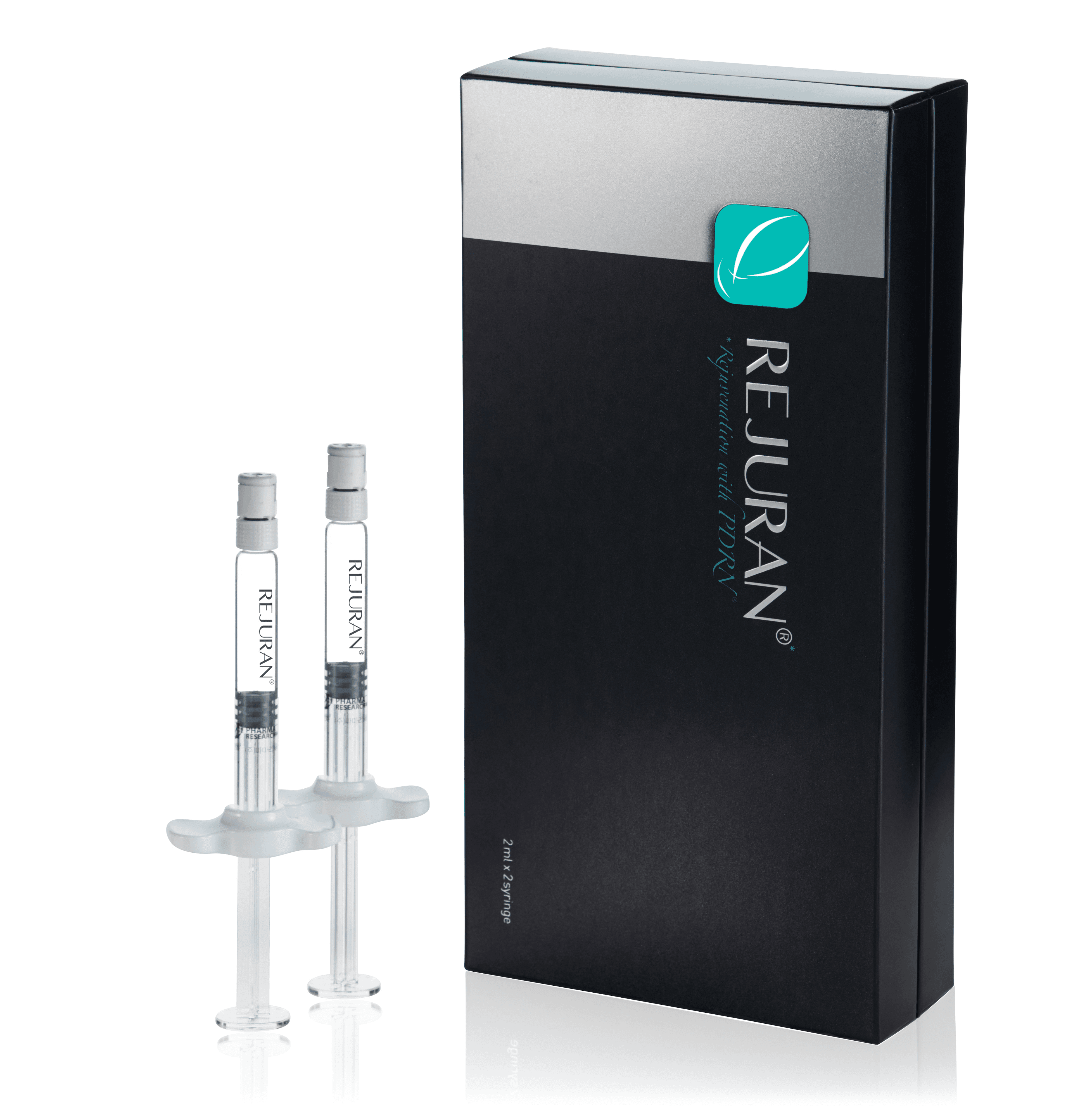 Rejuran product box and two syringes on a white background