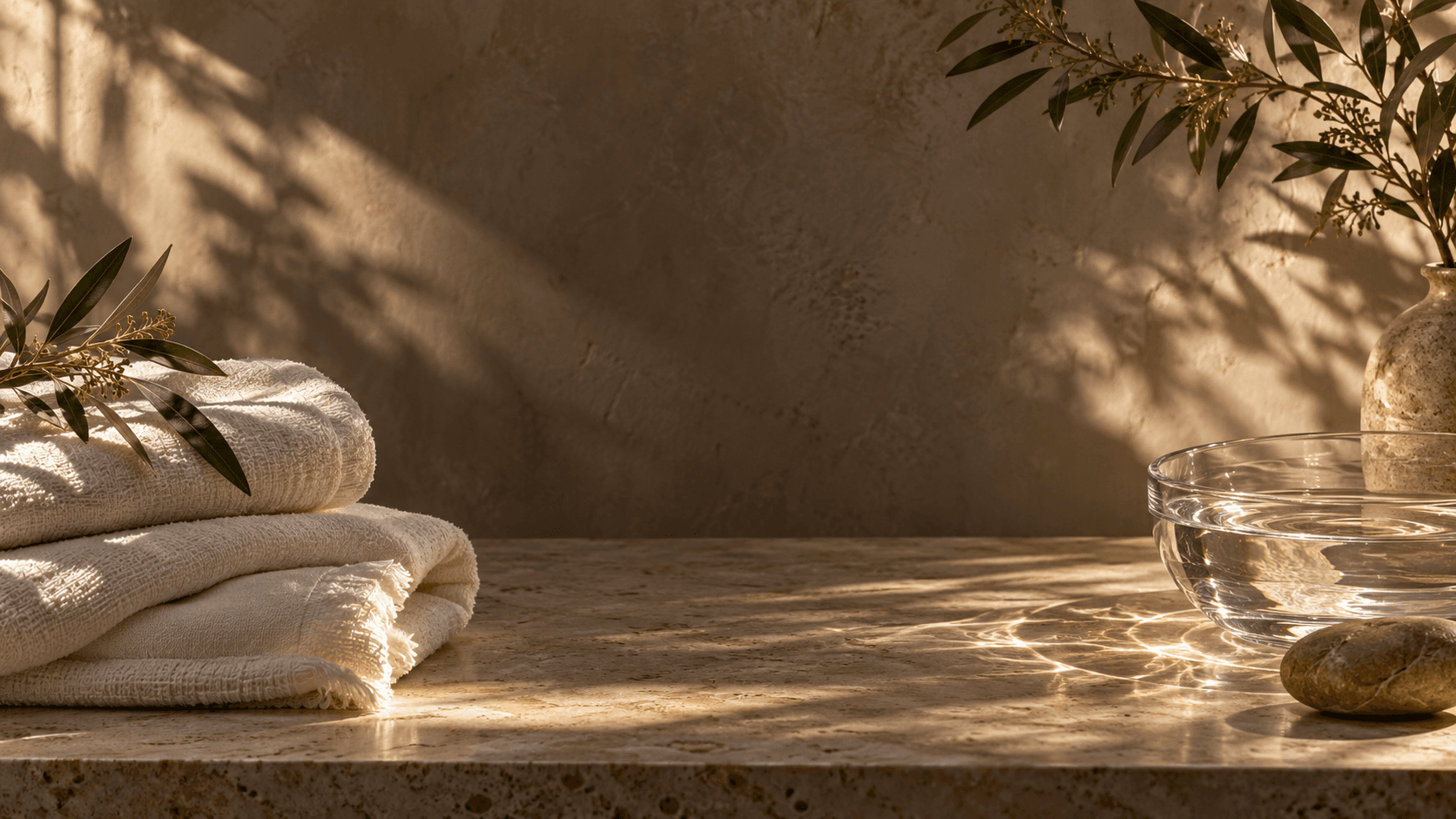 Spa linens, water, and botanical shadows